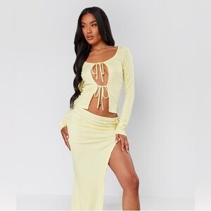 NWT Pretty Little Thing Yellow Ribbed Tie Long Sleeve Top and Skirt Set 14